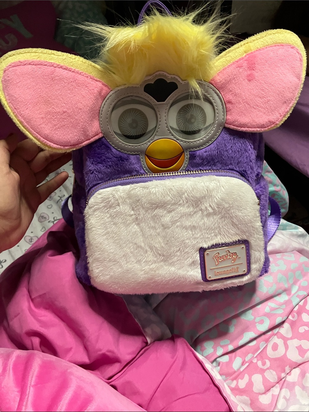 Loungefly Purple Plush Furby Mini Backpack with Pink Ears and Yellow Hair